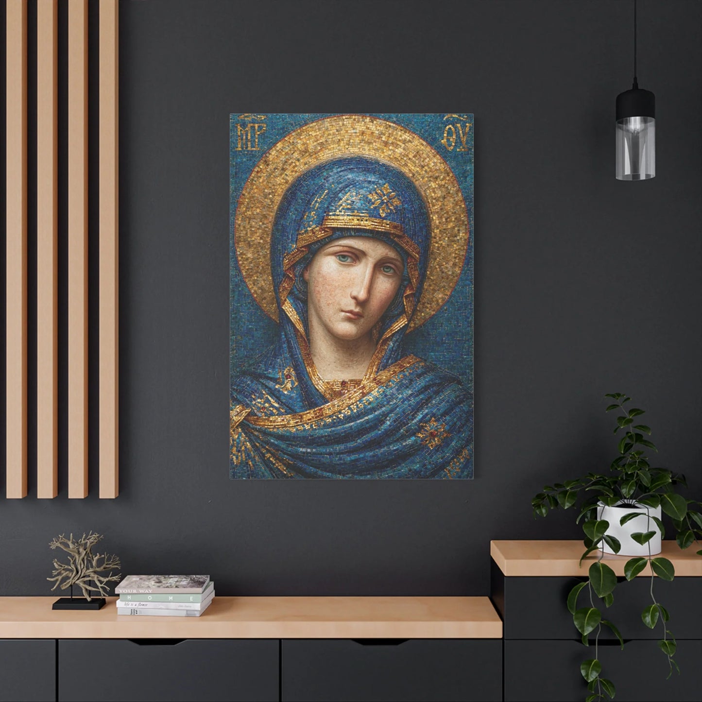 Tableau en Mosaïque Icône Vierge Chrétienne - Silence Doré - mise en scène impact maximal