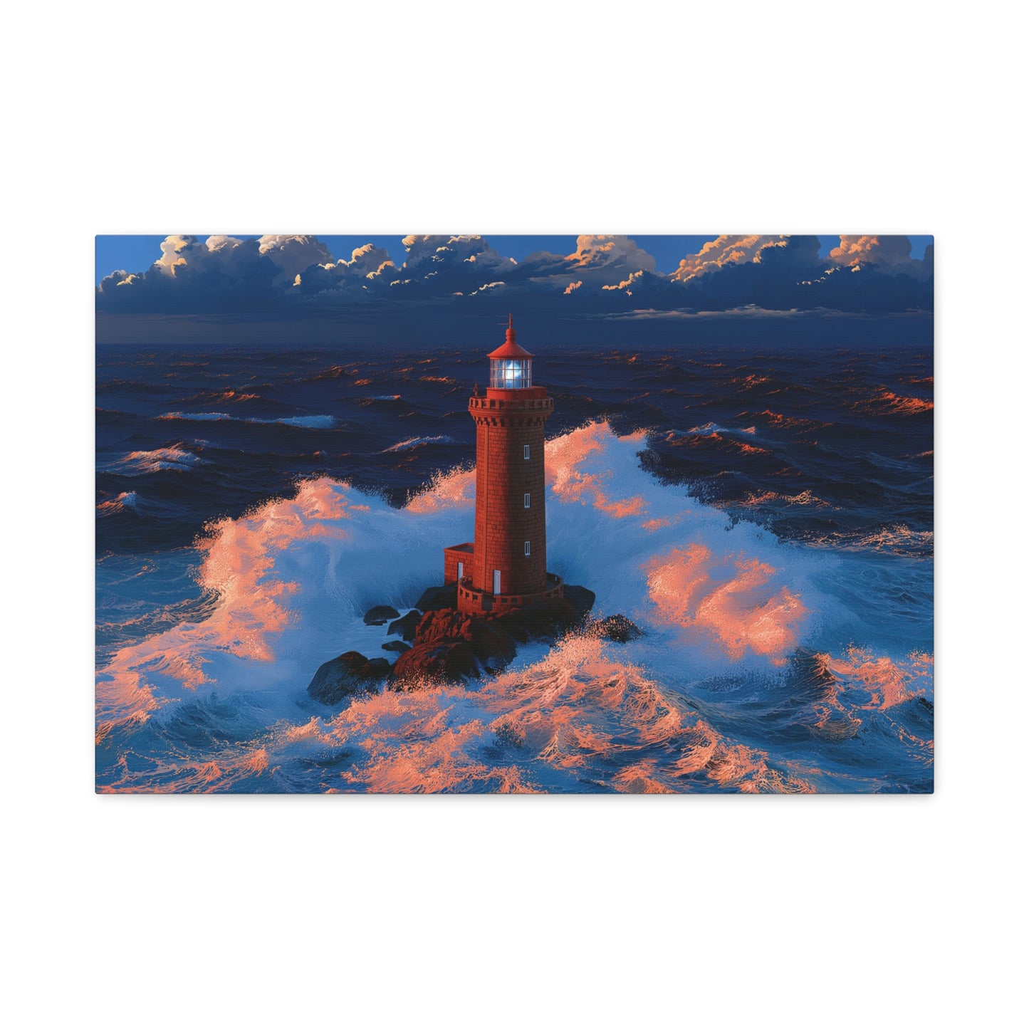 Phare rouge breton dans une tempete avec vagues puissantes et faisceau bleu - Art Virtuoso - vue 2/20