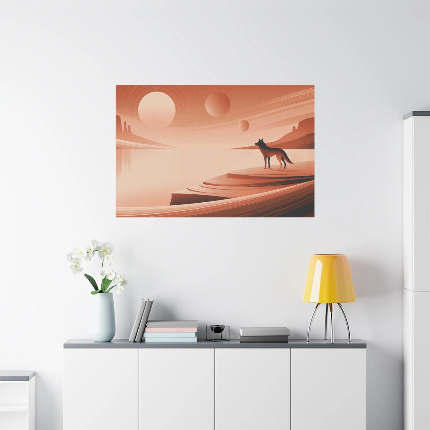 Tableau Loup Terracotta - Crépuscule du Désert - vue mur grande hauteur