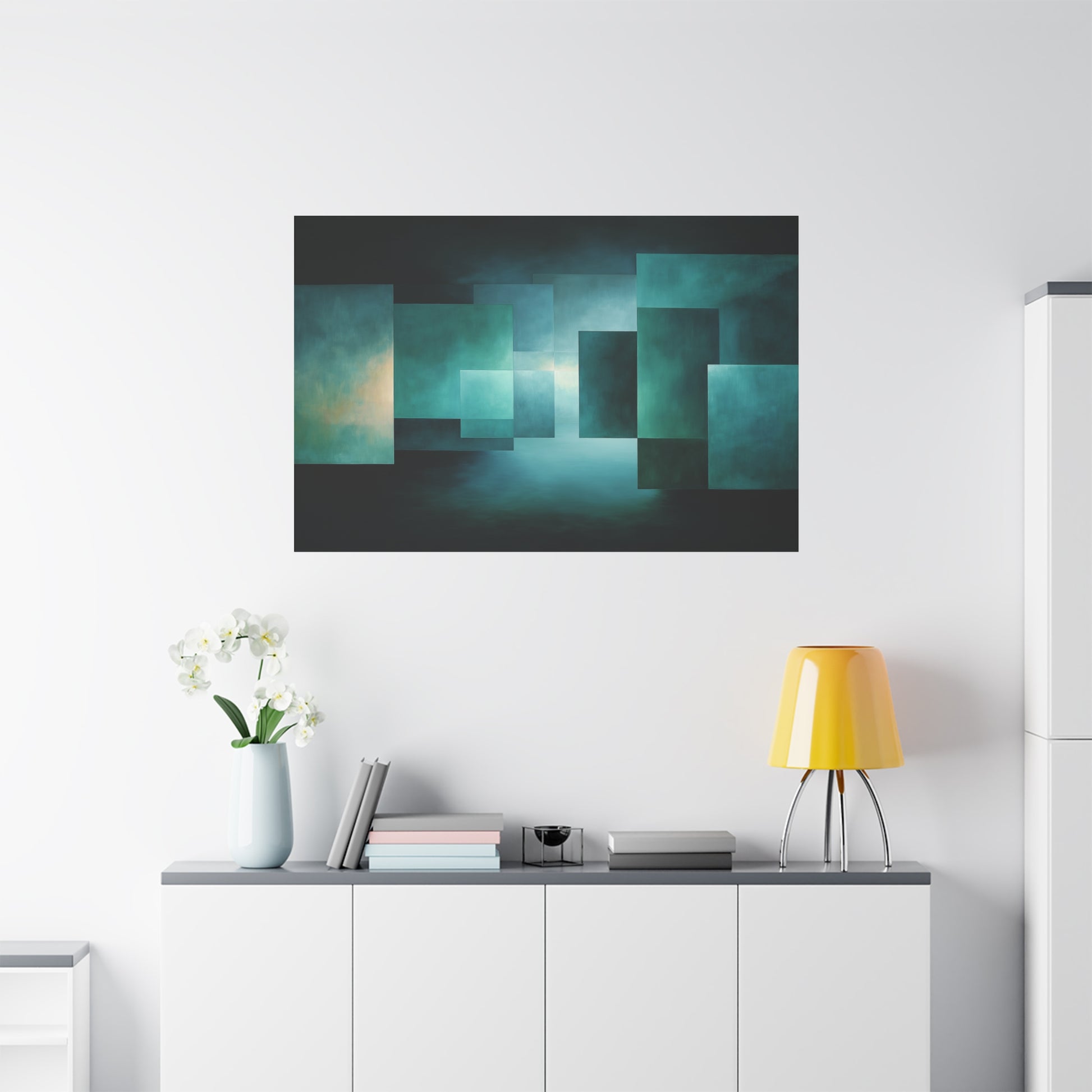 Tableau Abstrait géométrique vert sauge dans un salon contemporain