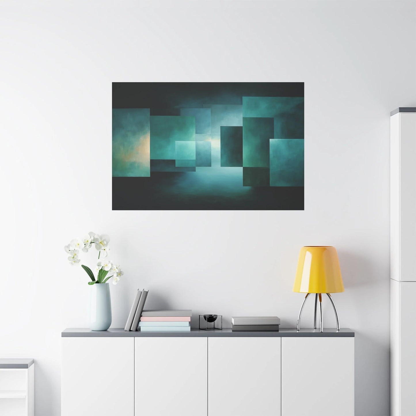 Tableau Abstrait géométrique vert sauge dans un salon contemporain