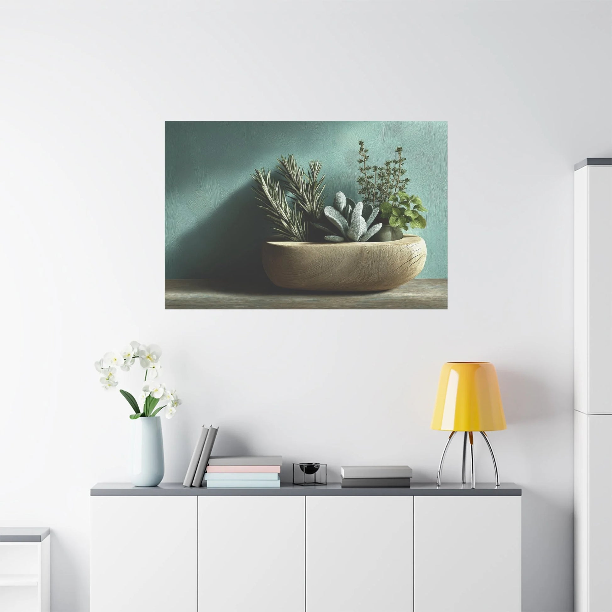 Tableau Cuisine vert sauge bois dans un intérieur lumineux