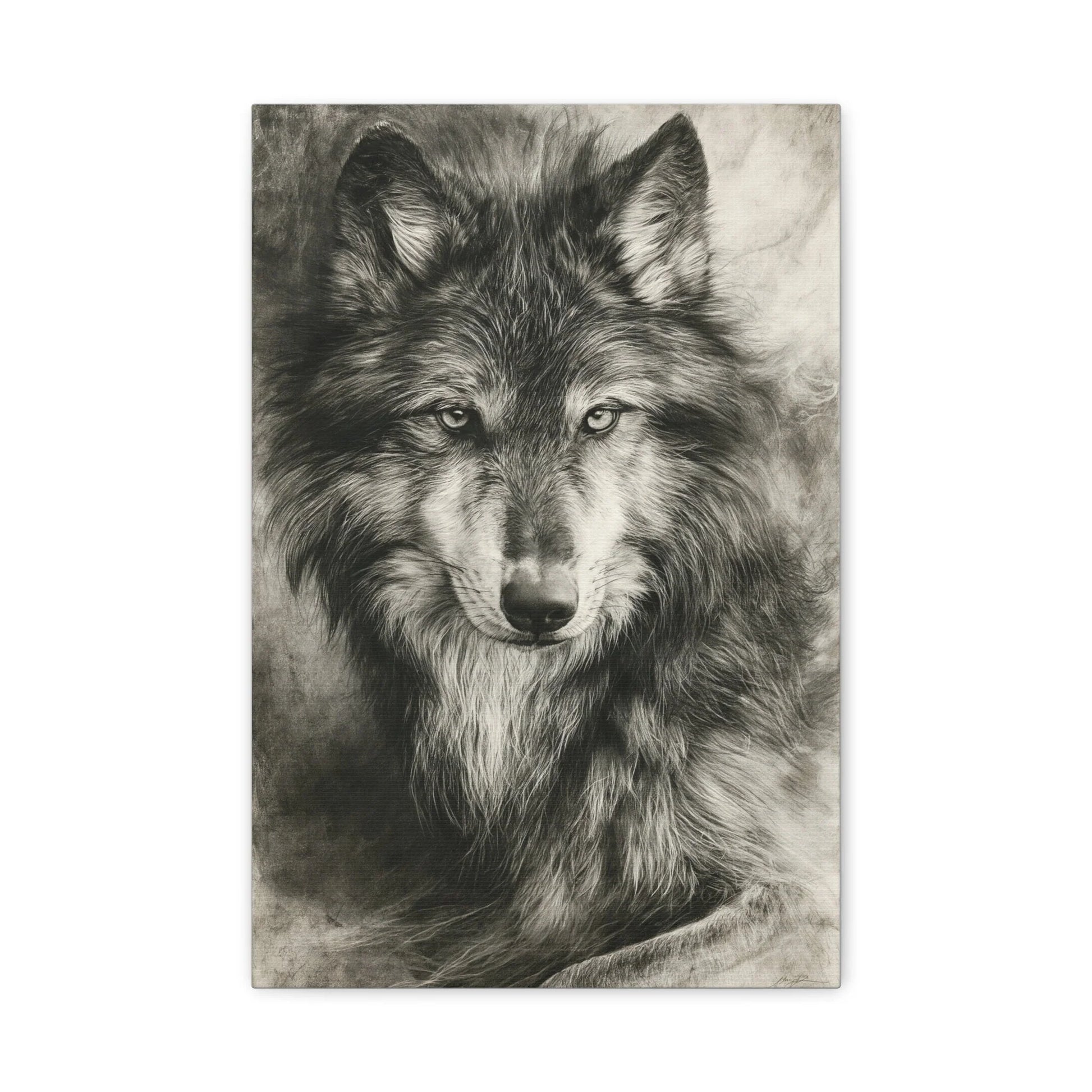 Tableau Loup Portrait - Fusain Noir et Blanc