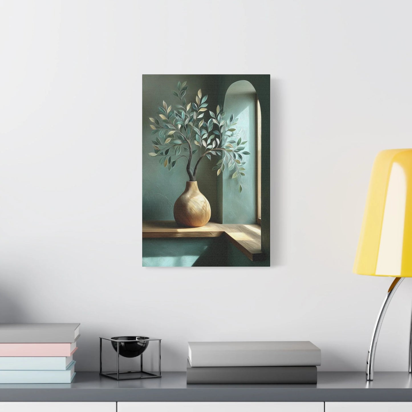 Tableau Tableau bois et vert sauge dans une chambre apaisée