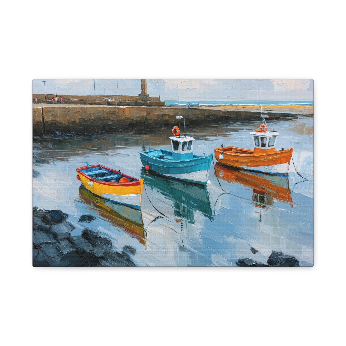 Port breton avec trois barques colorees et reflets dans l eau calme - Art Virtuoso - vue 1/20