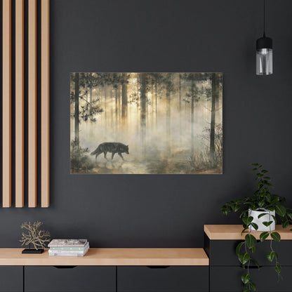 Tableau Loup en Forêt - Voile de Brume à l'Aube - mise en scène impact maximal
