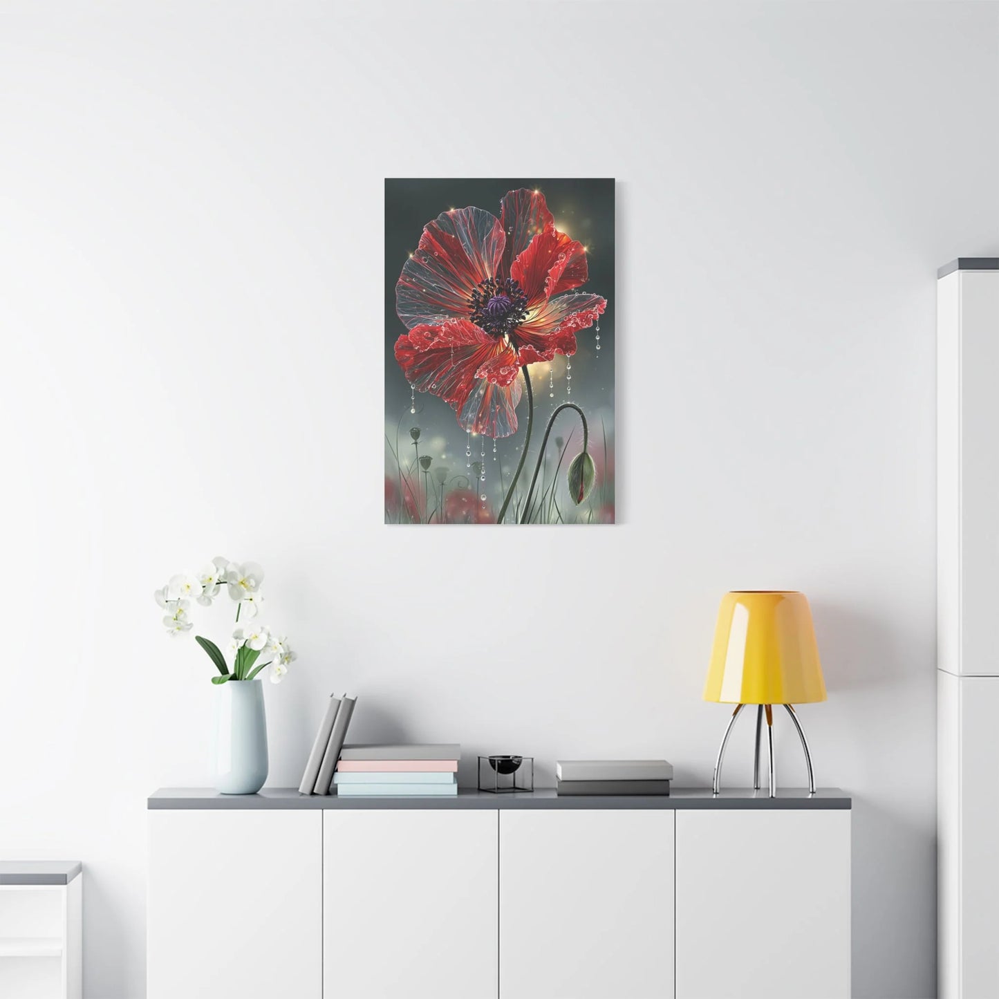 Tableau Coquelicot Macro - Pétales et Rosée d'Aube - ambiance loft haut de plafond