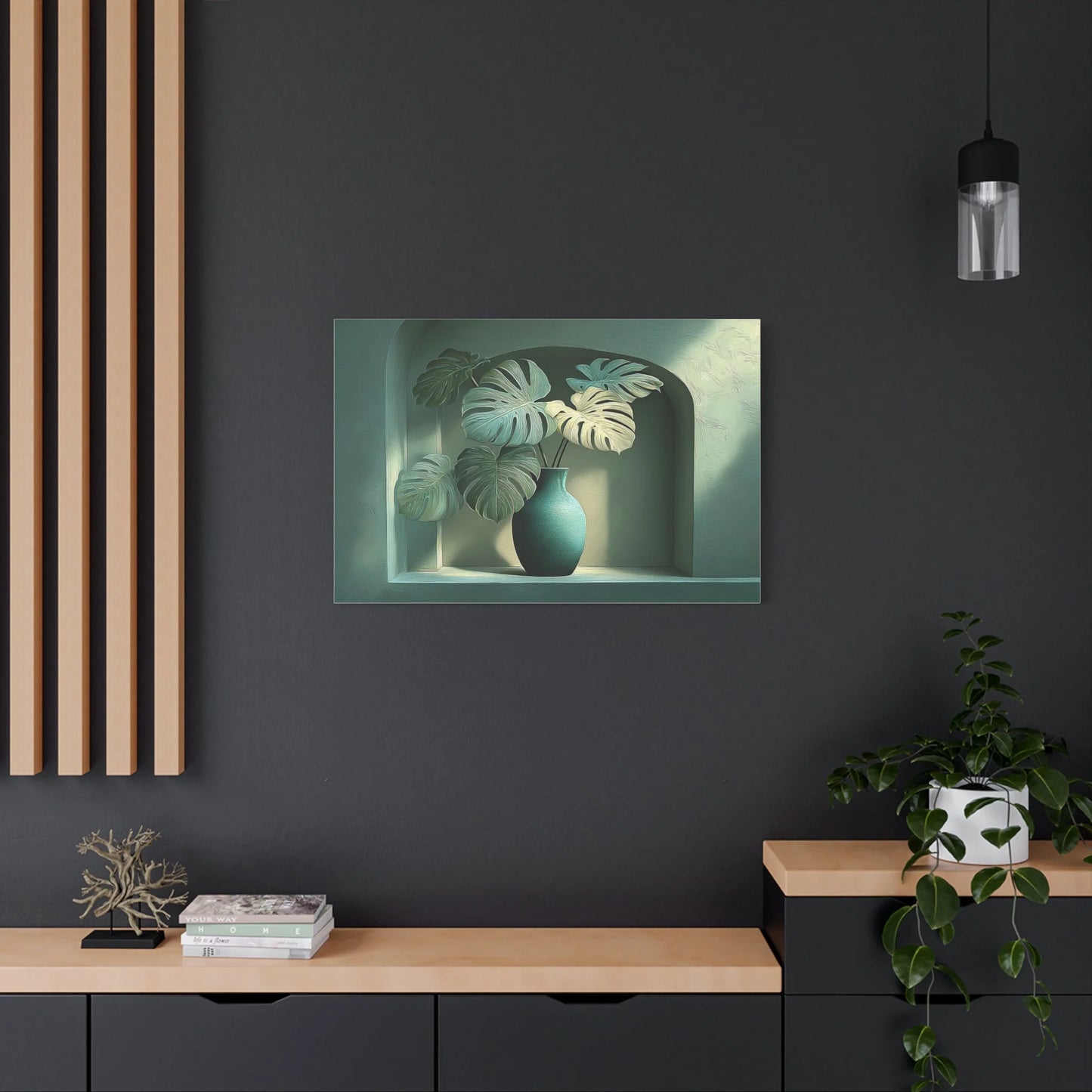 Tableau Monstera vert sauge atmosphère tropicale apaisée