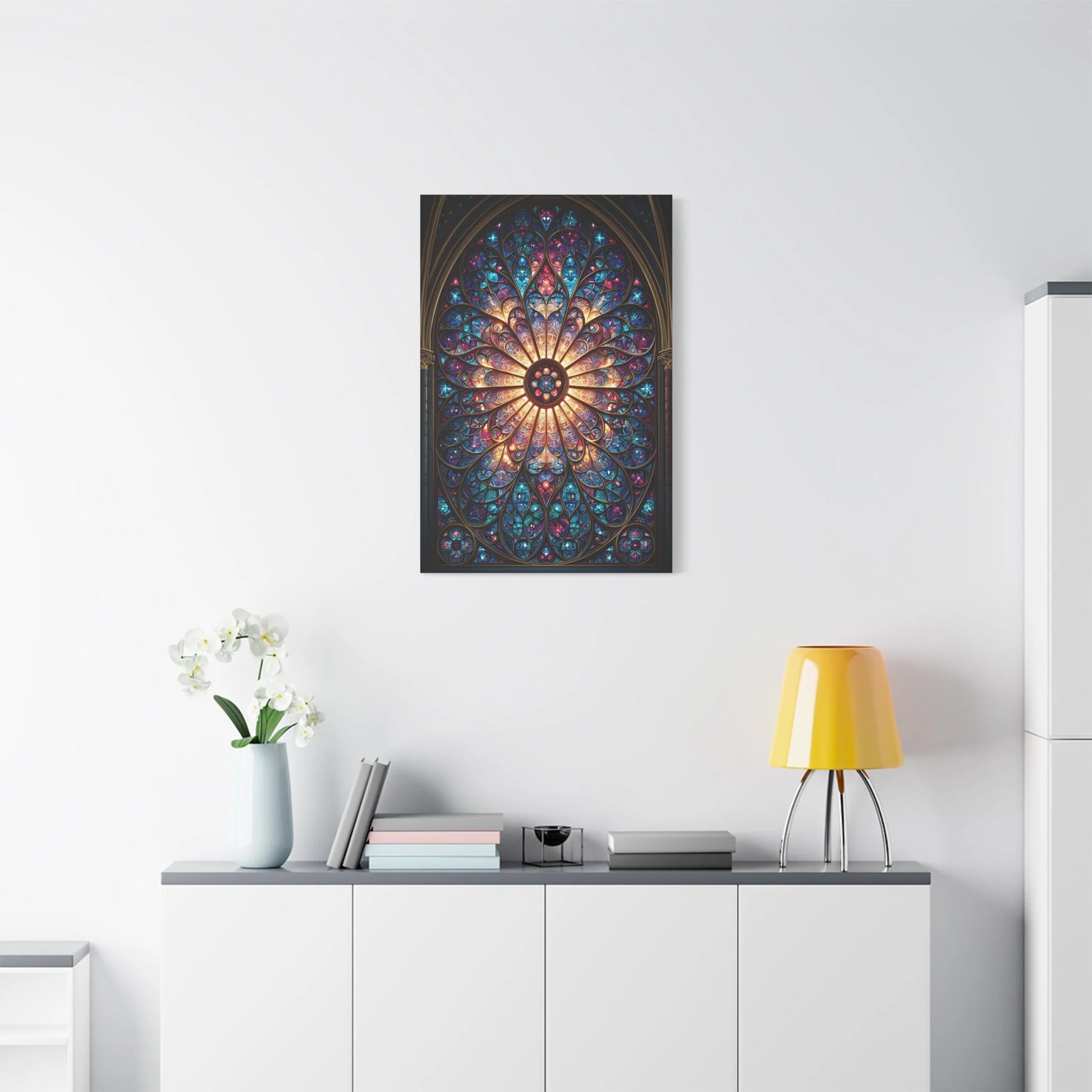 Tableau en Mosaïque Vitrail Gothique Rosace - Lumière Sacrée - ambiance loft haut de plafond