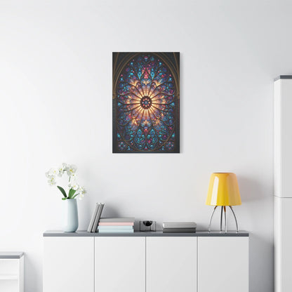 Tableau en Mosaïque Vitrail Gothique Rosace - Lumière Sacrée - ambiance loft haut de plafond