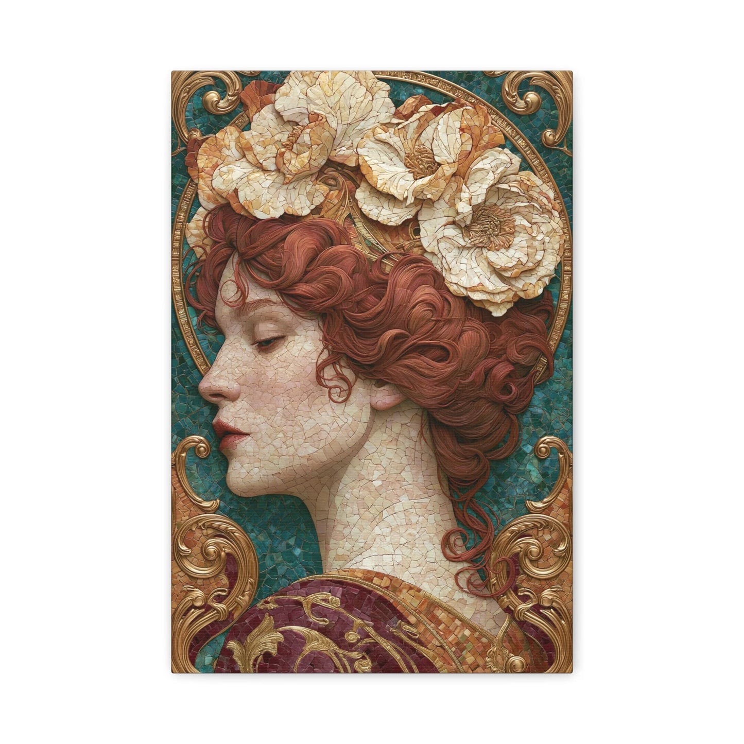 Tableau en Mosaïque Art Nouveau Femme Fleurie - Couronne Mucha