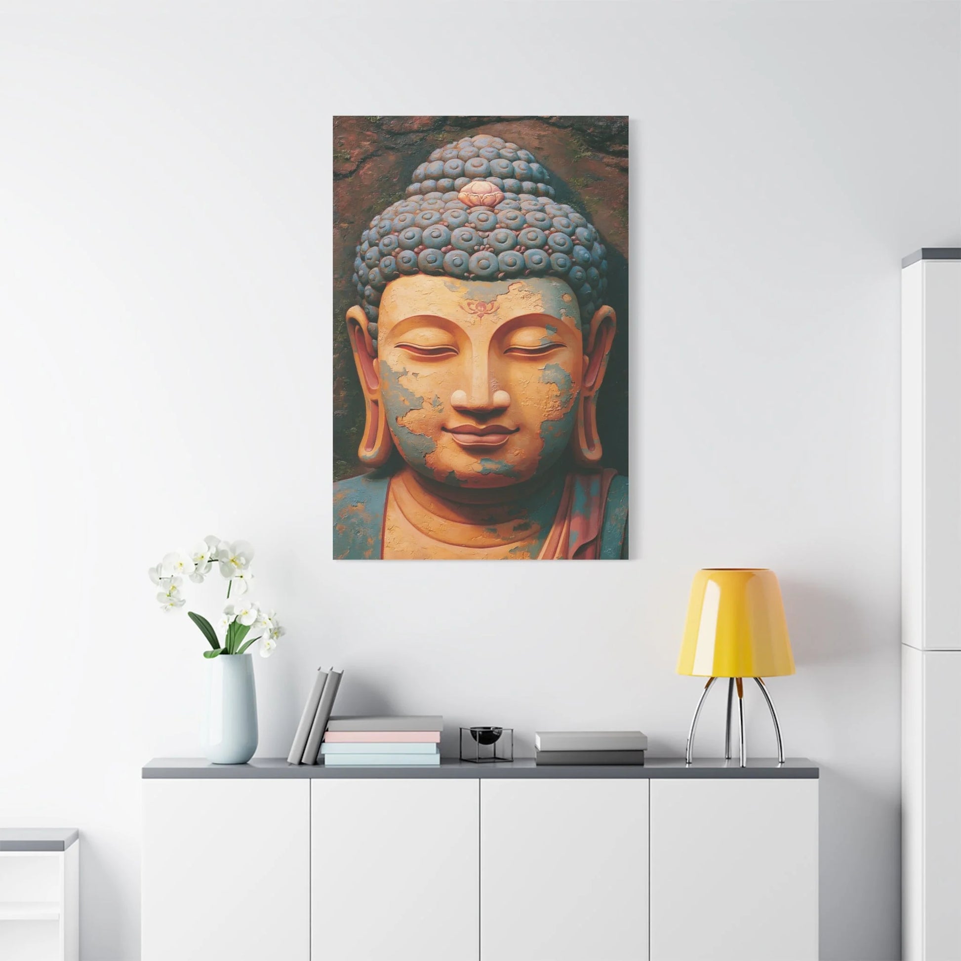 Tableau Tête de Bouddha - Sérénité de Pierre Patinée - vue mur grande hauteur