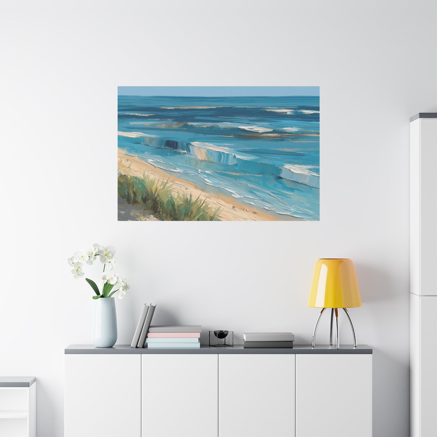 Vagues modernes en lignes bleues avec ecume blanche et plage stylisee - Art Virtuoso - vue 19/20
