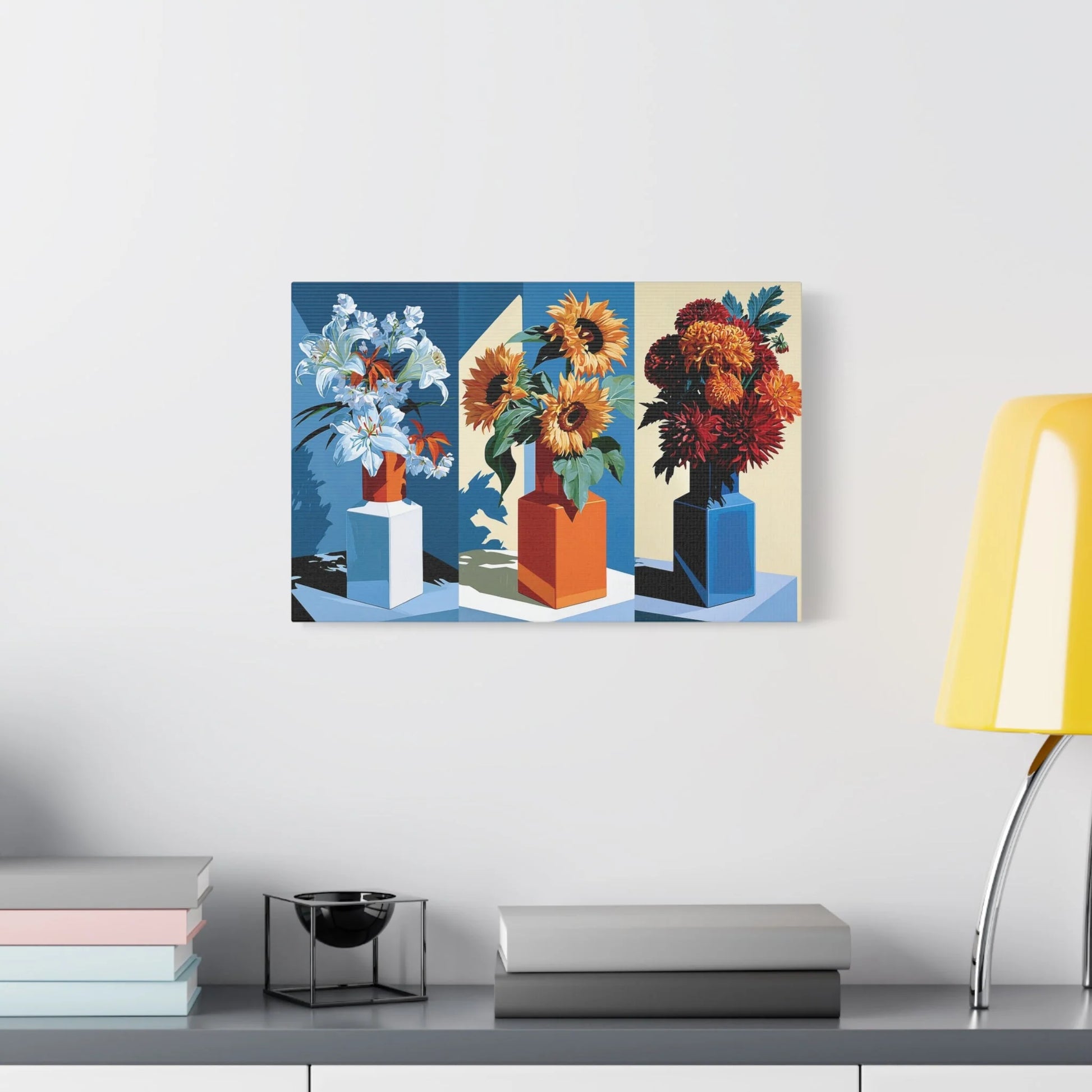Tableau Nature Morte Triptyque Bouquet Saisons - Fleurs du Temps - décor salon contemporain bois