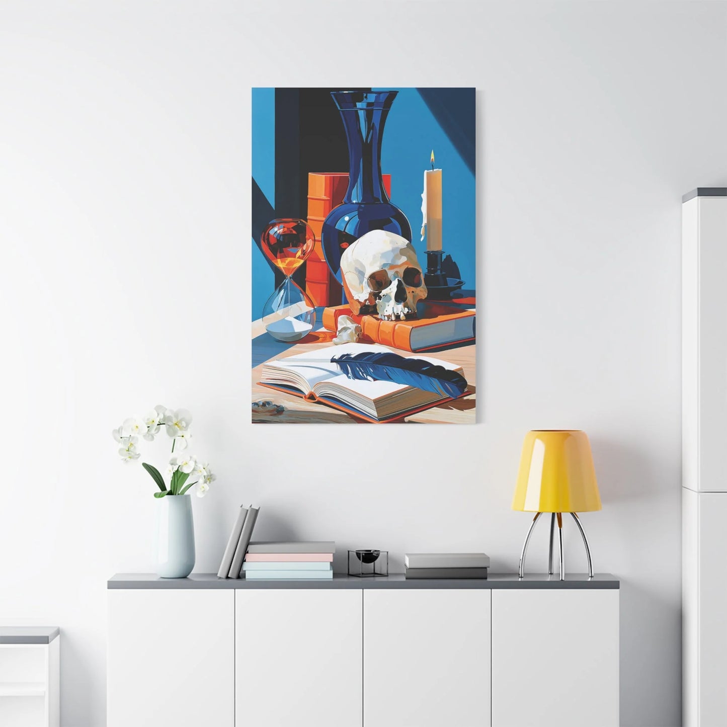 Tableau Nature Morte Vanitas Hollandaise Crâne Sablier - Leçon du Temps - vue mur grande hauteur