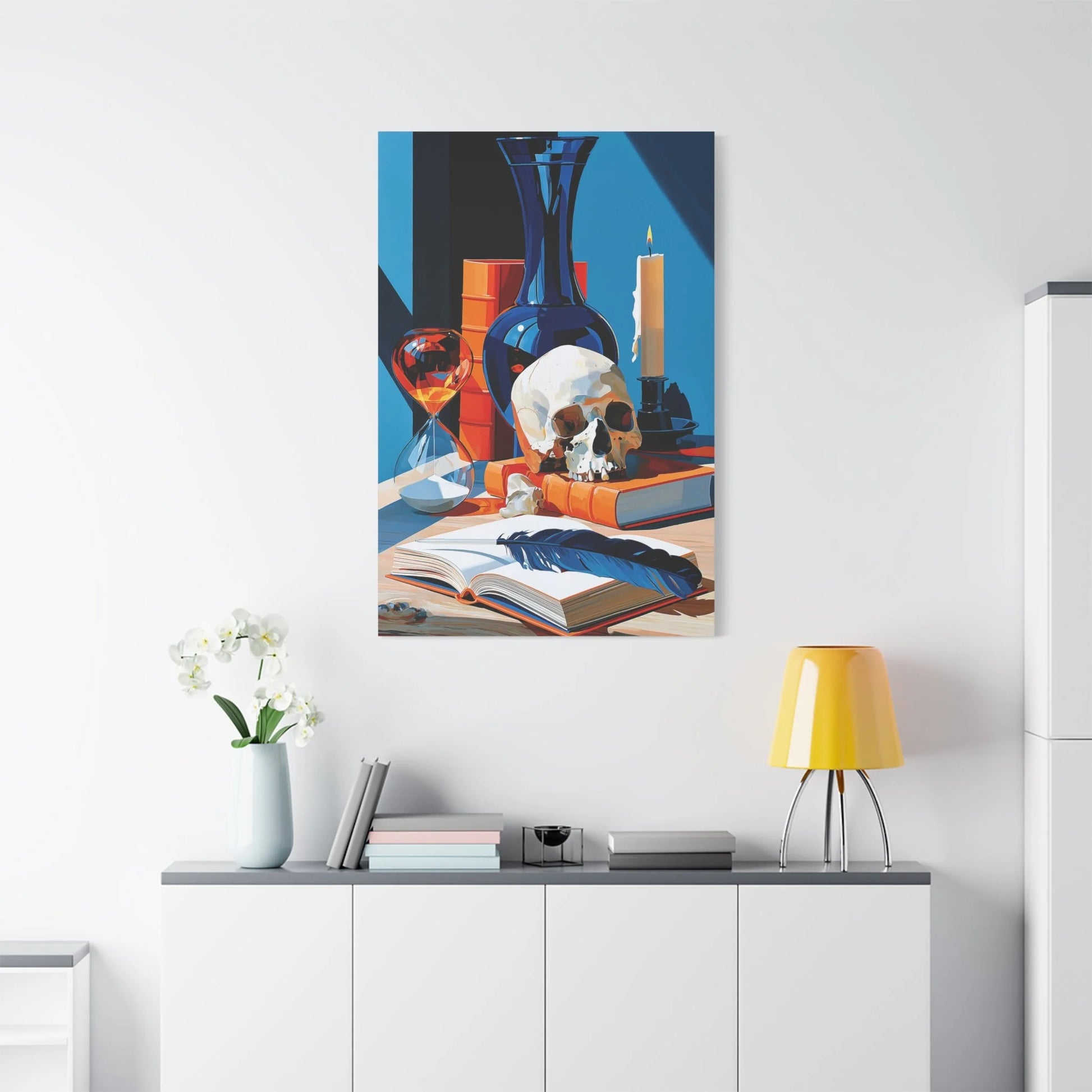 Tableau Nature Morte Vanitas Hollandaise Crâne Sablier - Leçon du Temps - vue mur grande hauteur