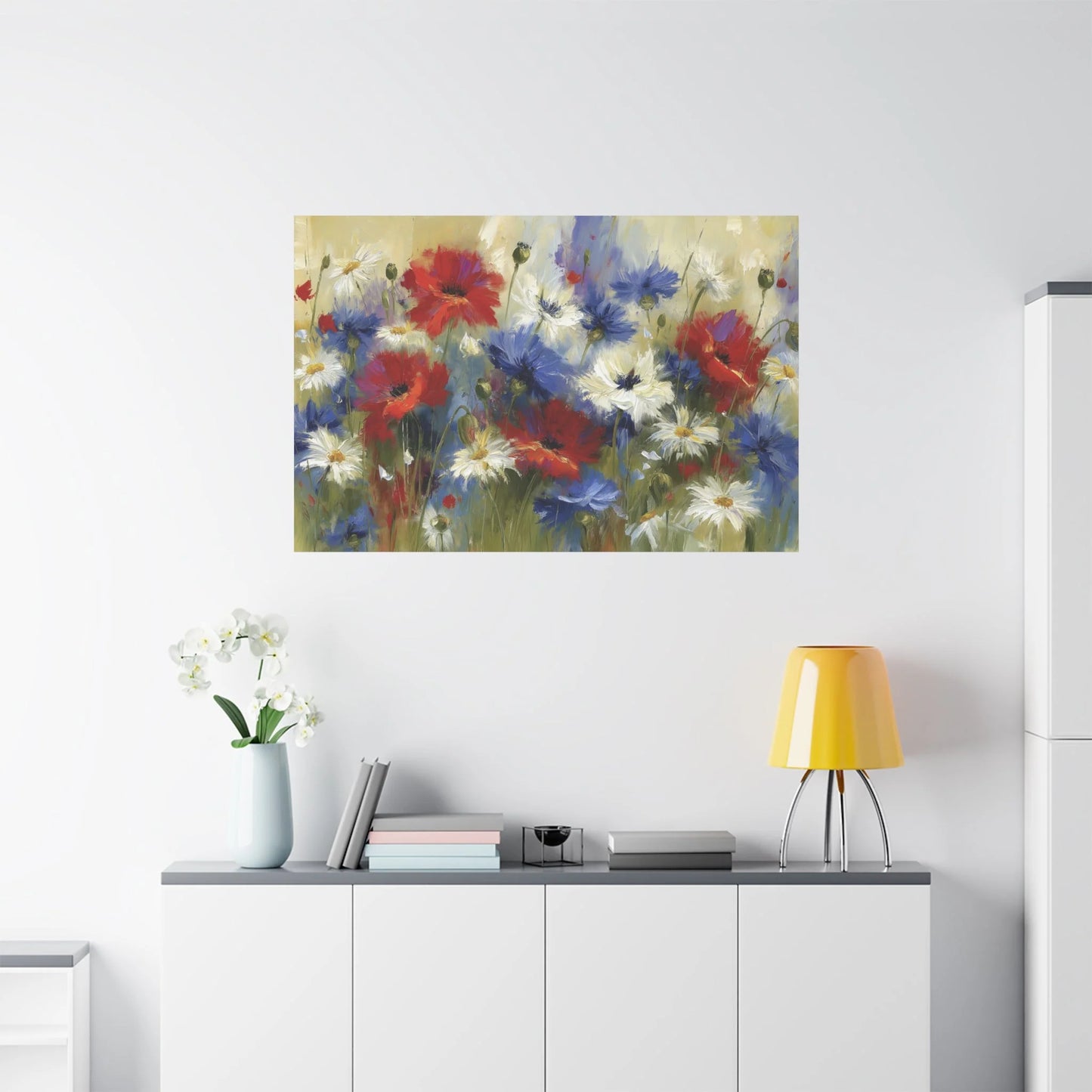 Tableau Champ Tricolore - Coquelicots, Bleuets et Marguerites - vue mur grande hauteur