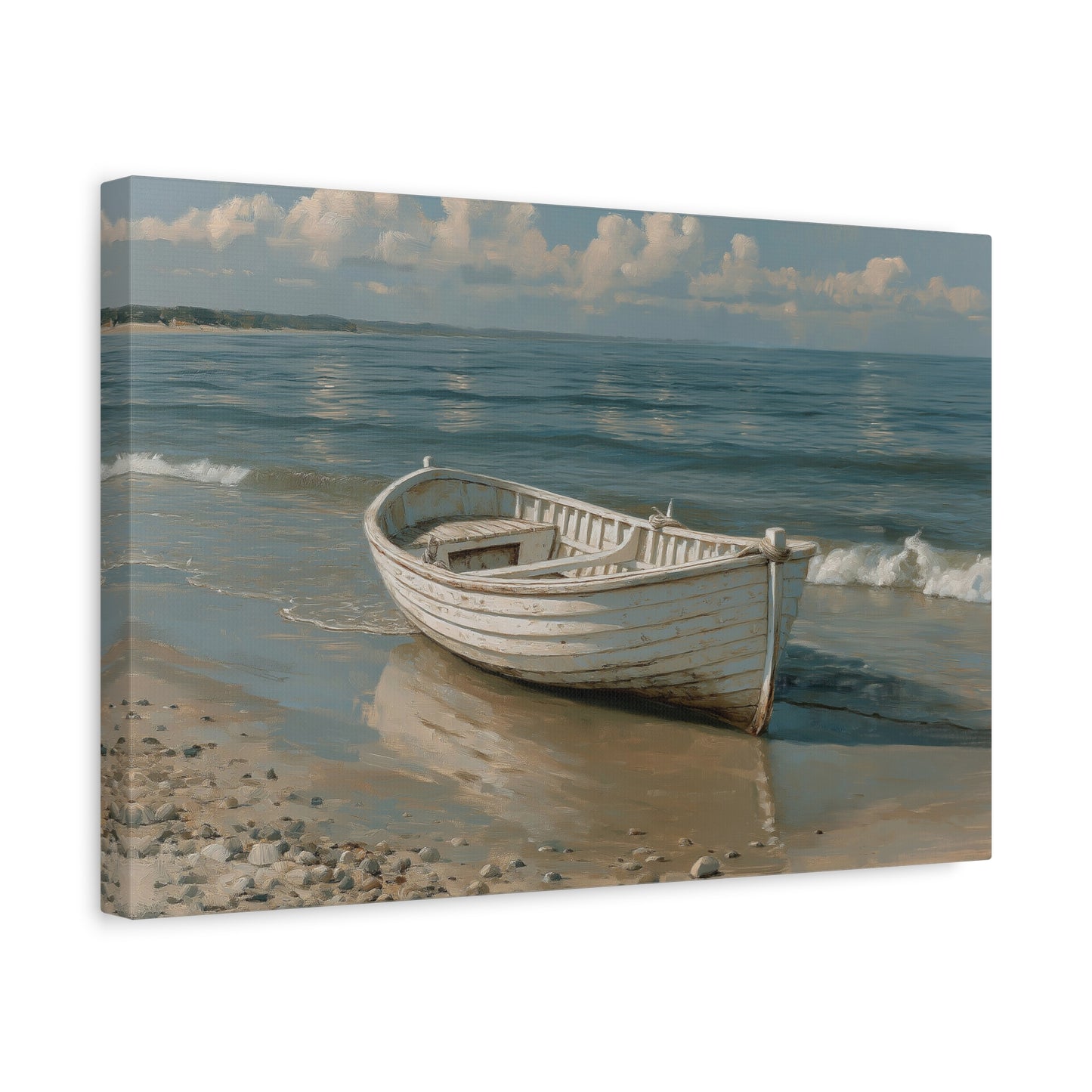 Barque blanche en bois posee sur une plage de sable mouille devant une mer calme - Art Virtuoso - vue 6/20