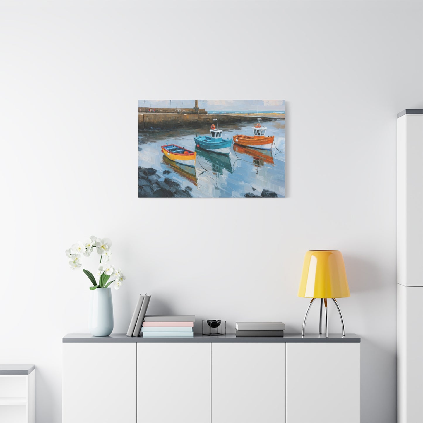 Port breton avec trois barques colorees et reflets dans l eau calme - Art Virtuoso - vue 16/20
