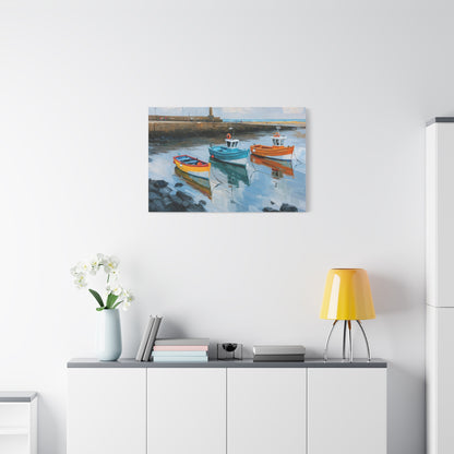 Port breton avec trois barques colorees et reflets dans l eau calme - Art Virtuoso - vue 16/20