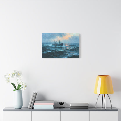 Chalutier sombre avançant dans la houle bleu vert sous un ciel lumineux - Art Virtuoso - vue 10/20