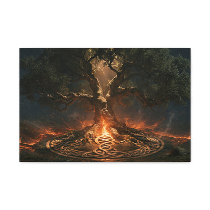 Tableau Arbre de Vie Celtique, un chêne ancien entouré d’un cercle de motifs noués et d’une lueur de braise, format M - Art Virtuoso