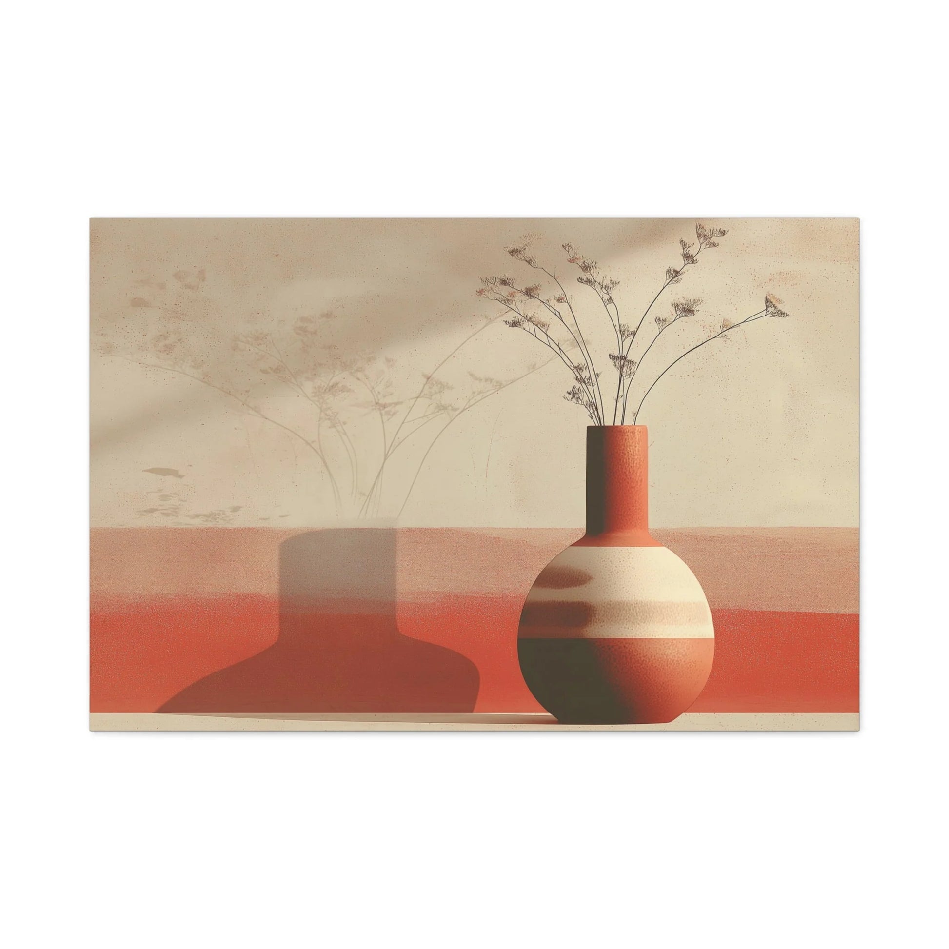 Tableau toile vase terracotta dans un bureau épuré