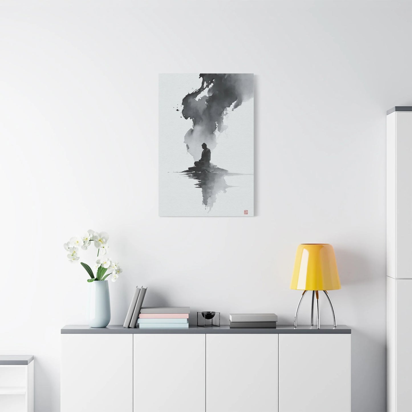 Tableau Calligraphie Bouddhique - Sagesse en Sumi-e - ambiance loft haut de plafond