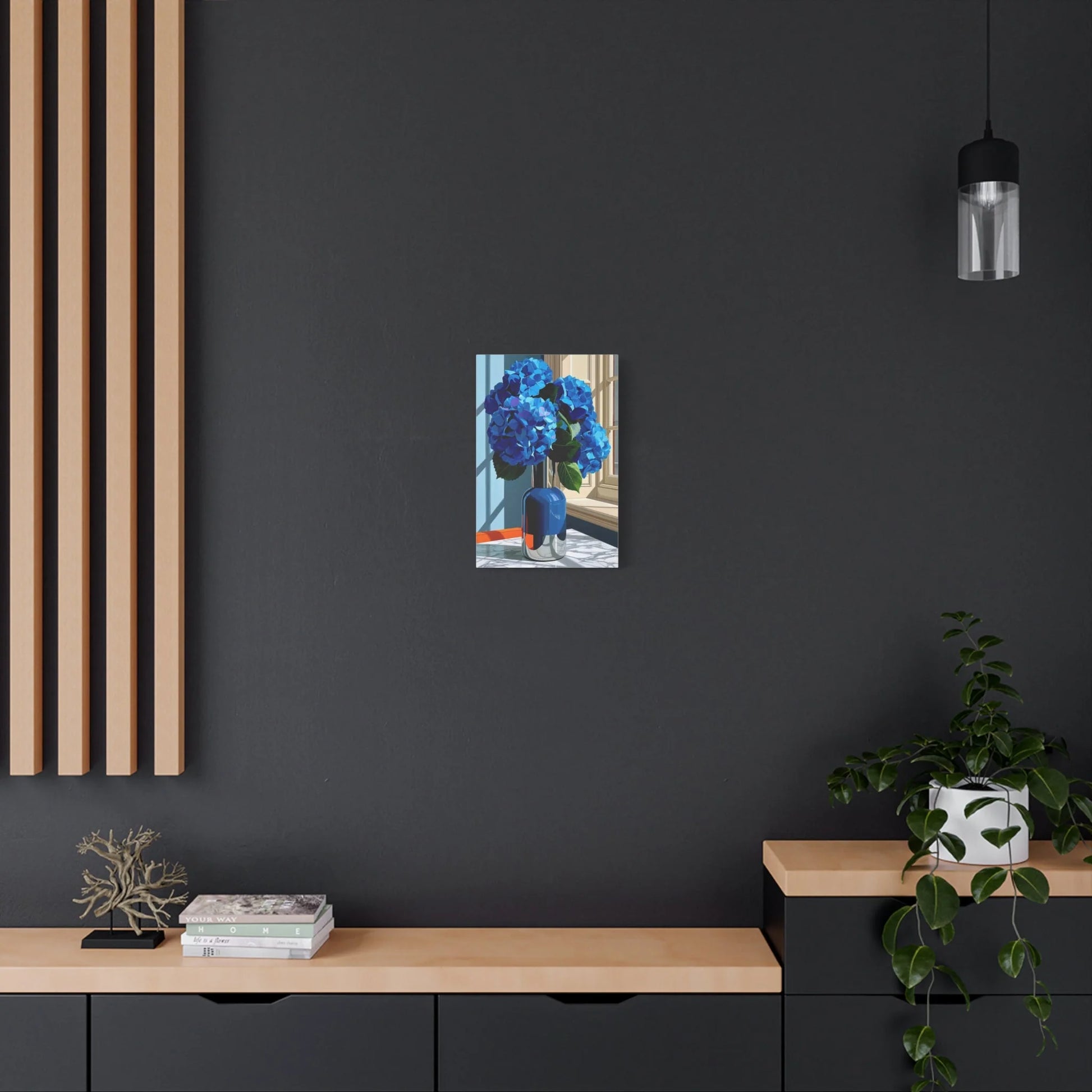 Tableau Nature Morte Hortensias Bleus Marbre - Fraîcheur Florale - vue mur béton ciré