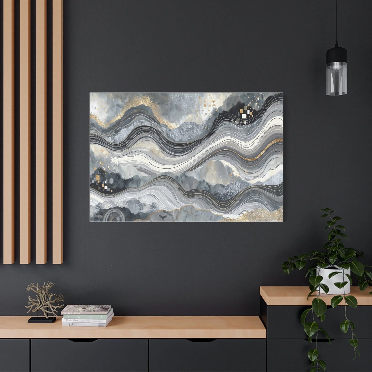 Tableau Abstrait Gris - Vagues Marbrées d'Or — Art Virtuoso