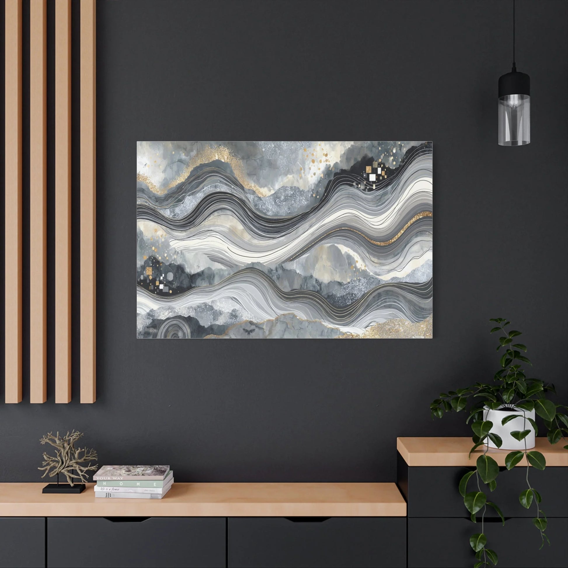 Tableau Abstrait Gris - Vagues Marbrées d'Or — Art Virtuoso