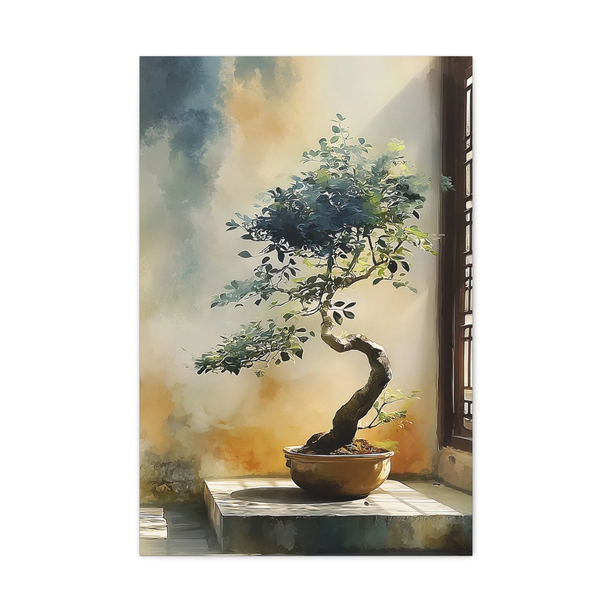 Tableau Bonsaï noueux dans coupe dorée près d'un shoji