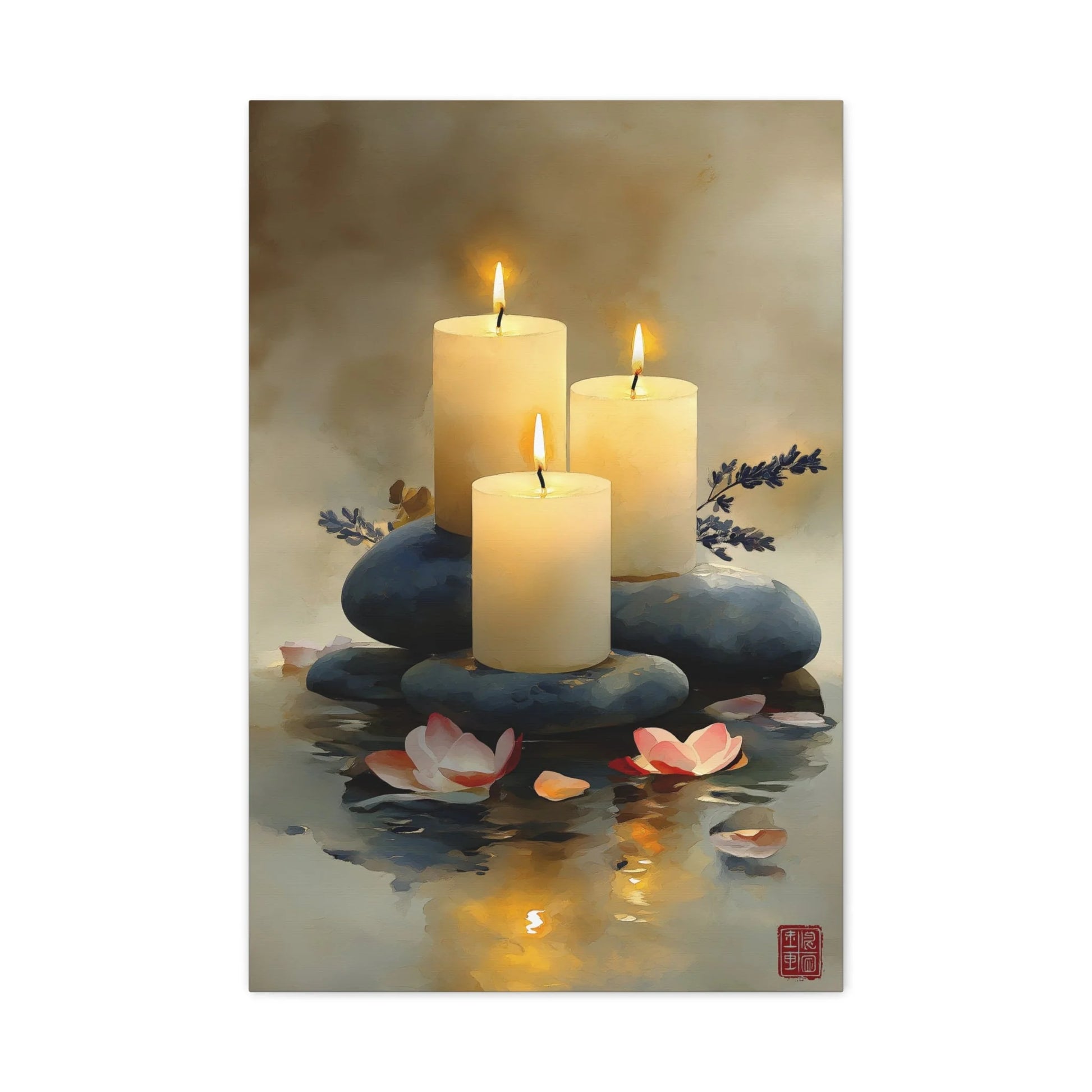 Tableau Trois bougies blanches galets polis palette beige doré