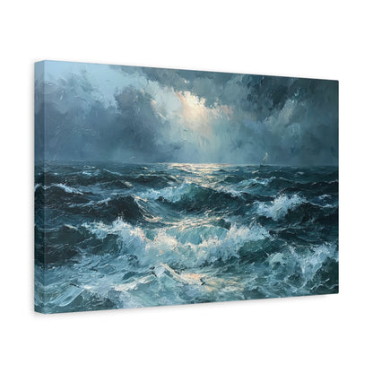 Mer houleuse sombre sous un ciel orageux avec petit voilier a l horizon - Art Virtuoso - vue 6/20