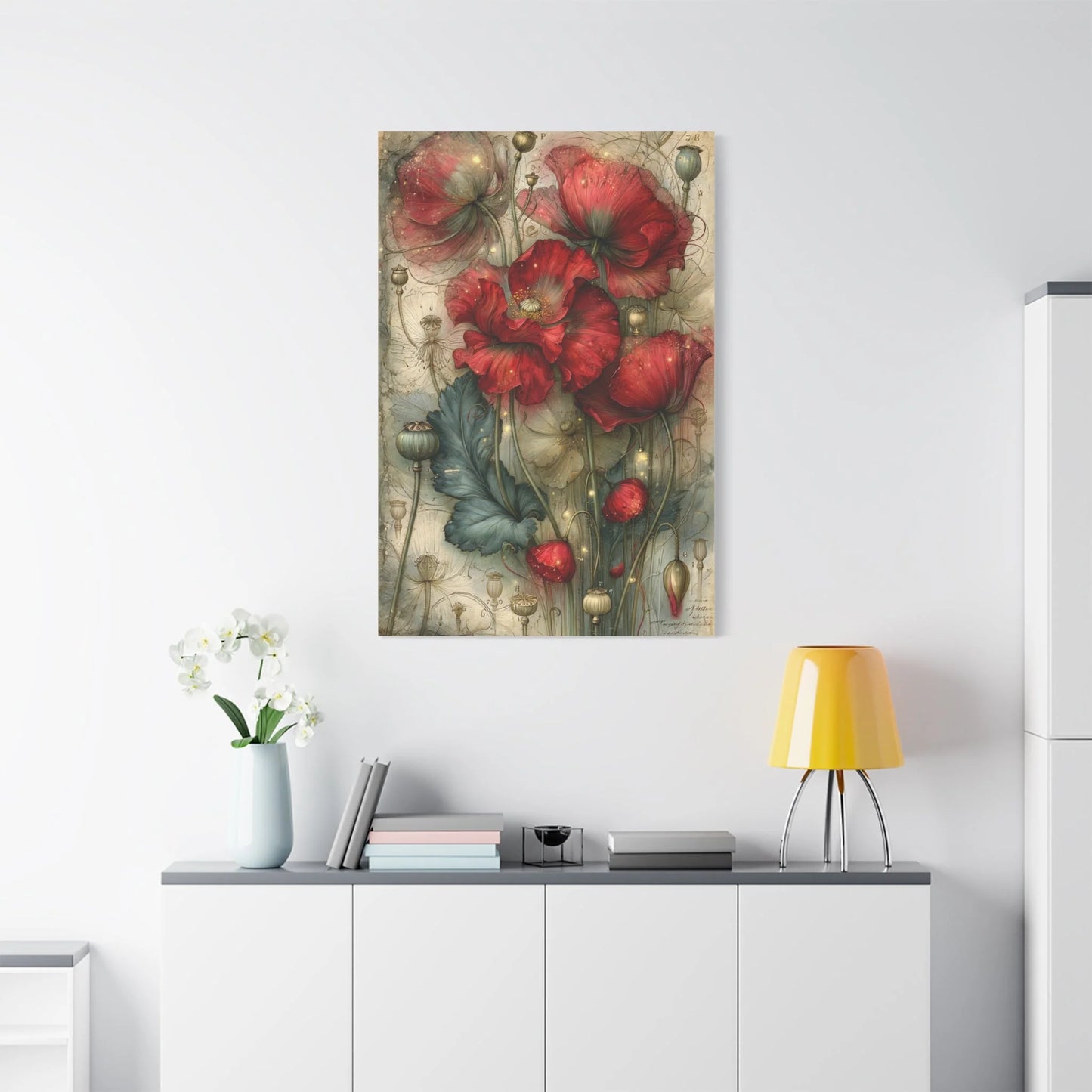Tableau Coquelicots Vintage - Planche Botanique Ancienne - vue mur grande hauteur