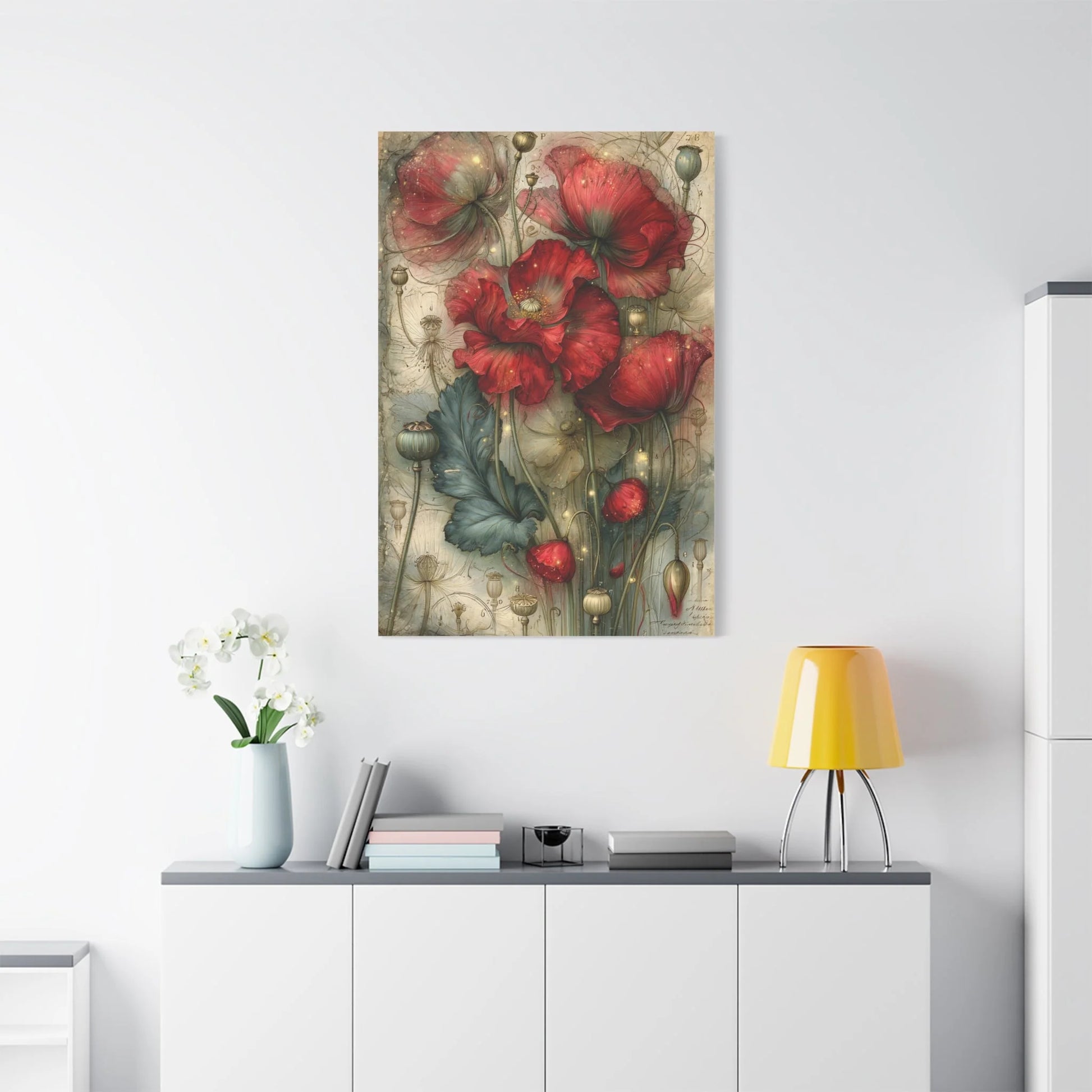 Tableau Coquelicots Vintage - Planche Botanique Ancienne - vue mur grande hauteur