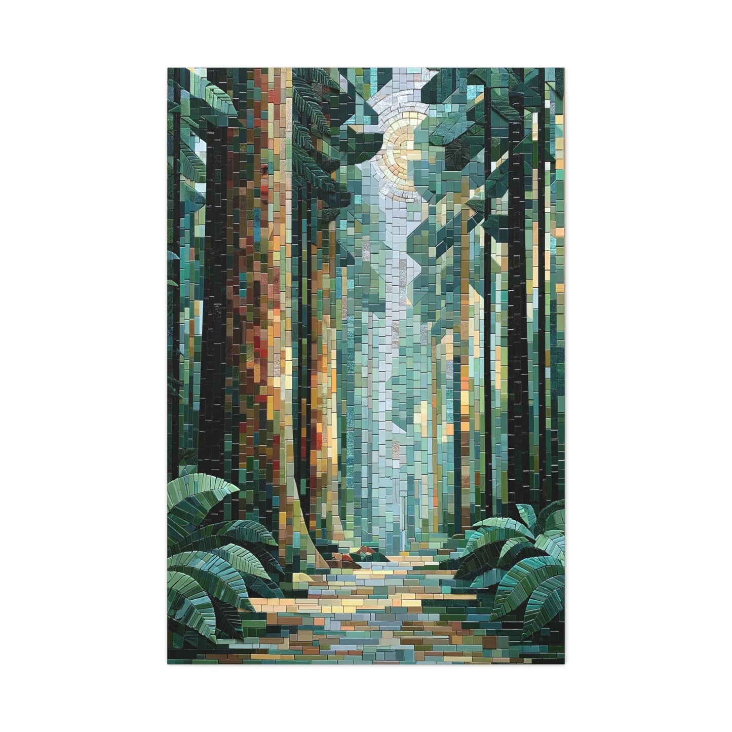 Tableau en Mosaïque Forêt Vert Sauge - Sous-Bois Secret - mise en scène entrée moderne
