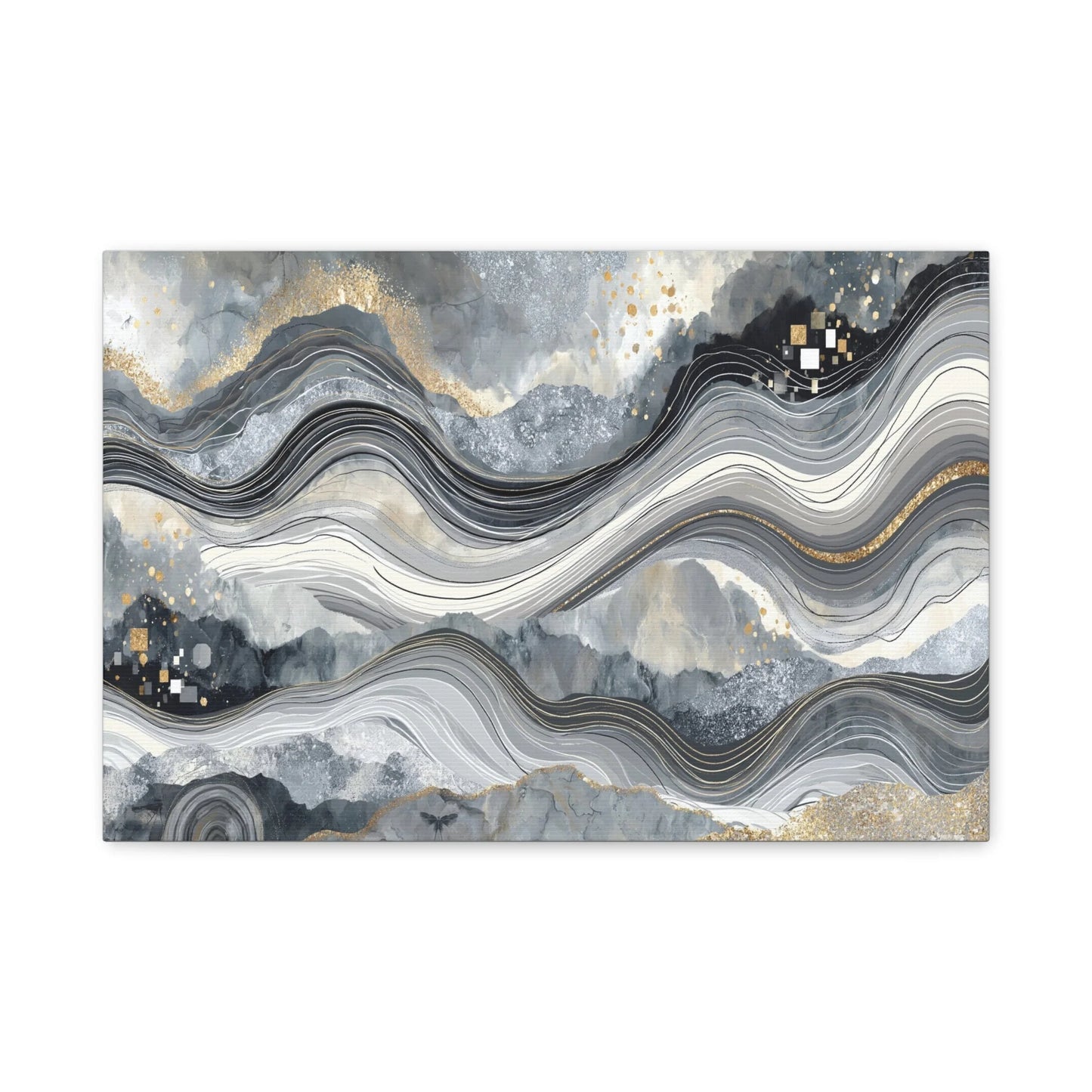 Tableau Abstrait Gris - Vagues Marbrées d'Or