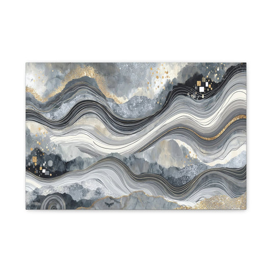 Tableau Abstrait Gris - Vagues Marbrées d'Or