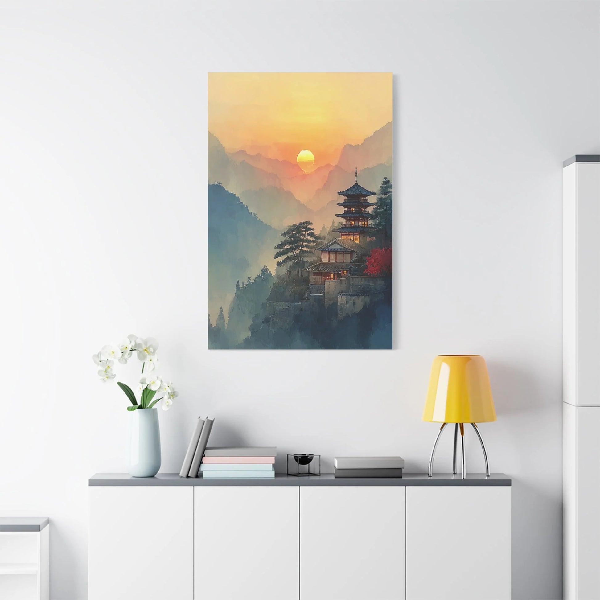 Tableau Pagode zen dans un salon contemporain