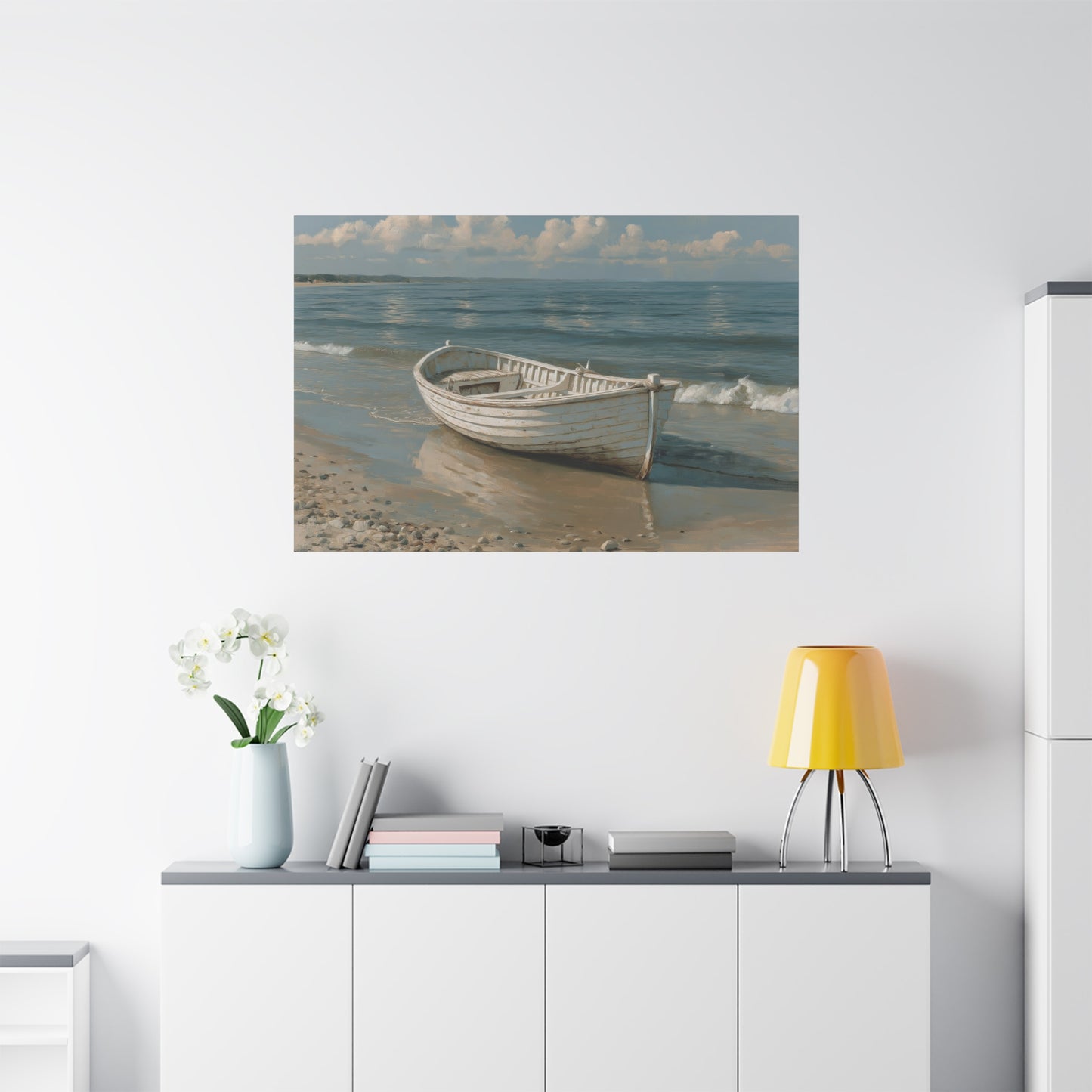 Barque blanche en bois posee sur une plage de sable mouille devant une mer calme - Art Virtuoso - vue 19/20