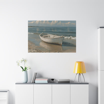 Barque blanche en bois posee sur une plage de sable mouille devant une mer calme - Art Virtuoso - vue 19/20
