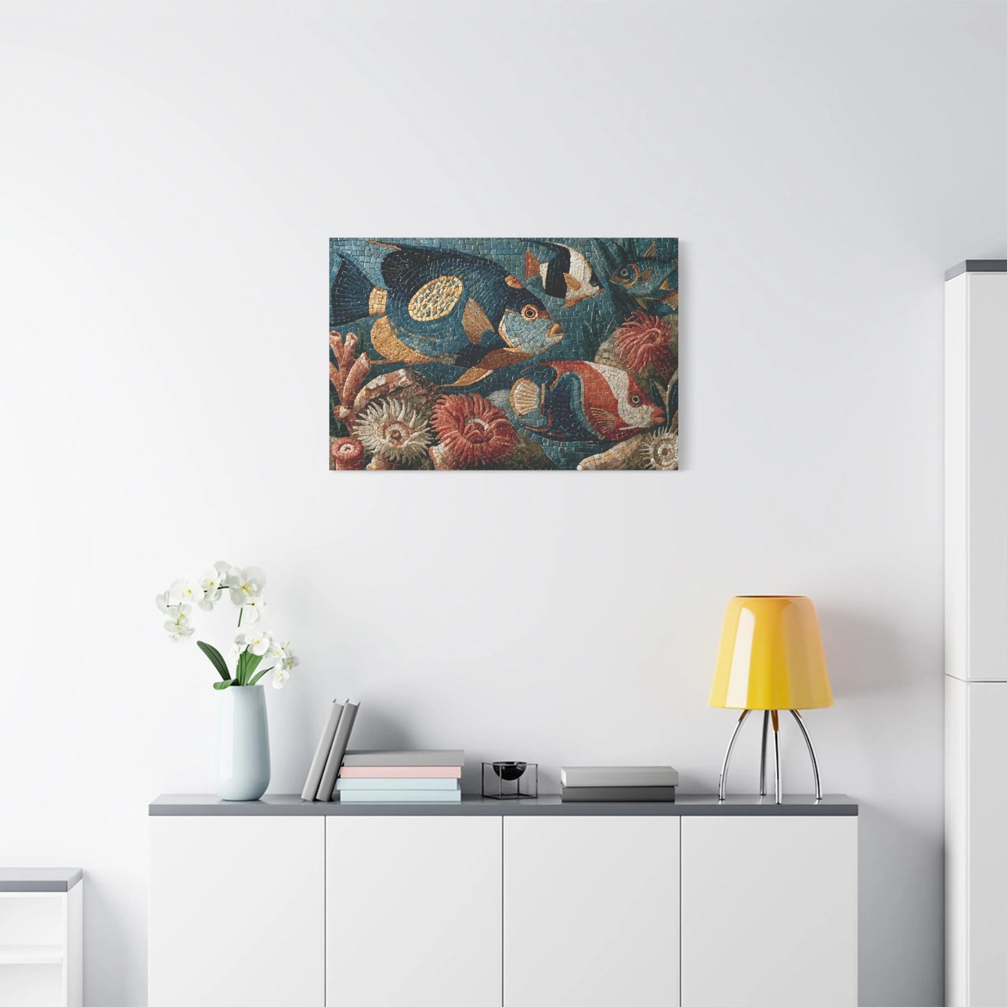 Tableau en Mosaïque Poisson Corail - Lagune de Tesselles - ambiance loft haut de plafond
