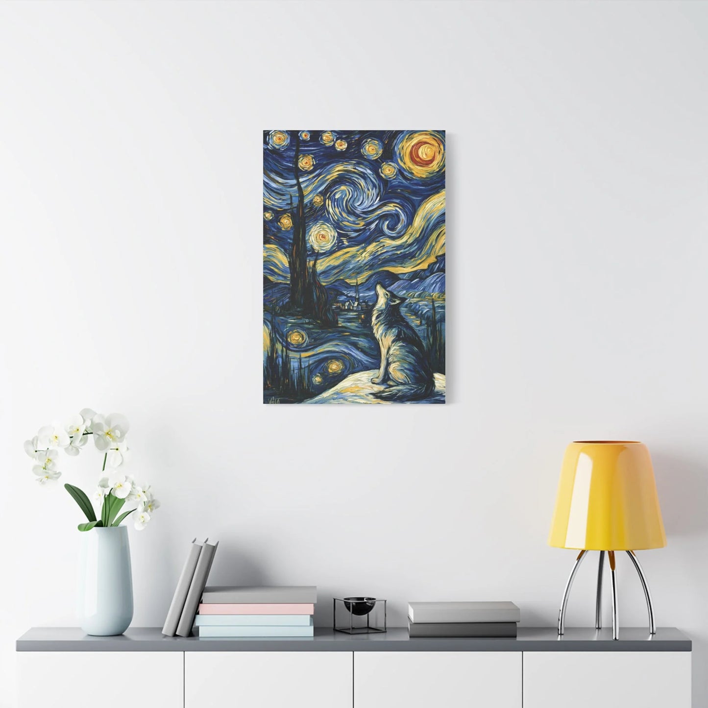 Tableau Loup sous la Voie Lactée - Hommage à Van Gogh - grand format salon spacieux