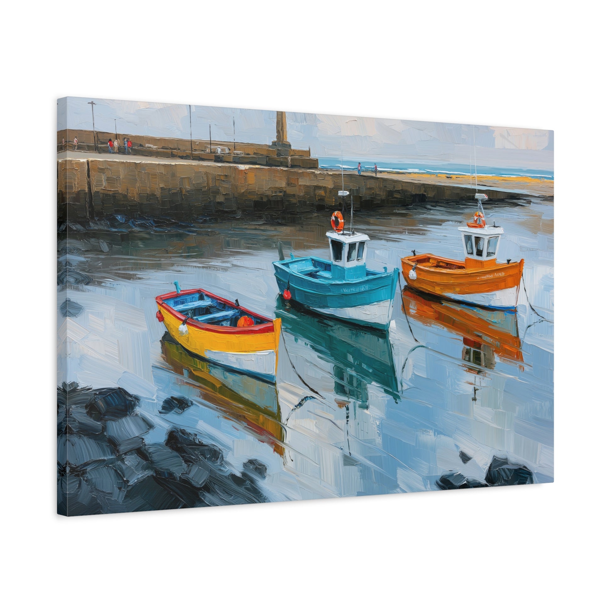 Port breton avec trois barques colorees et reflets dans l eau calme - Art Virtuoso - vue 12/20