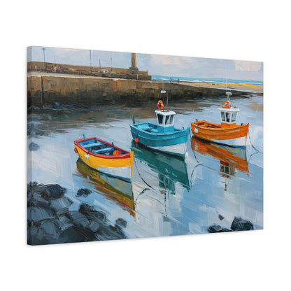 Port breton avec trois barques colorees et reflets dans l eau calme - Art Virtuoso - vue 12/20
