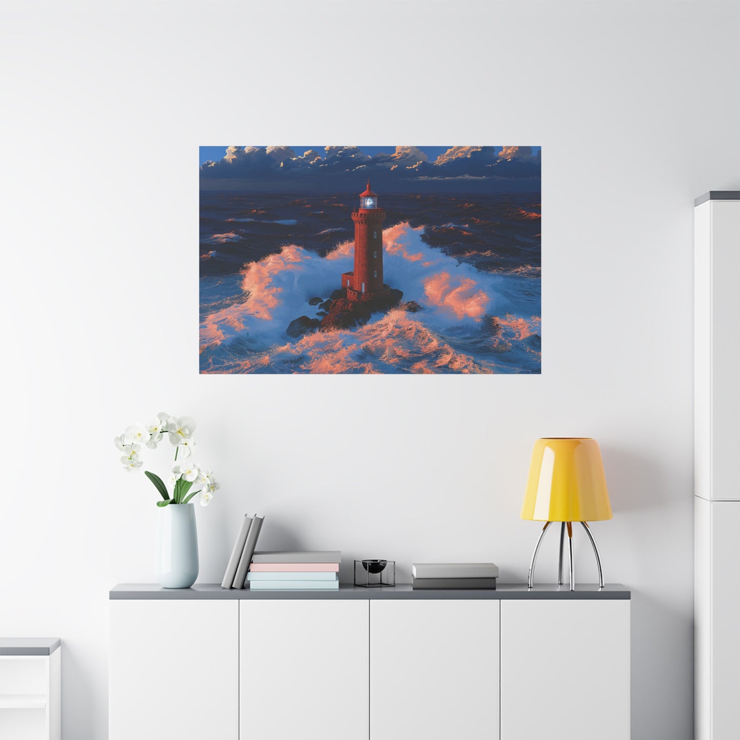 Phare rouge breton dans une tempete avec vagues puissantes et faisceau bleu - Art Virtuoso - vue 19/20