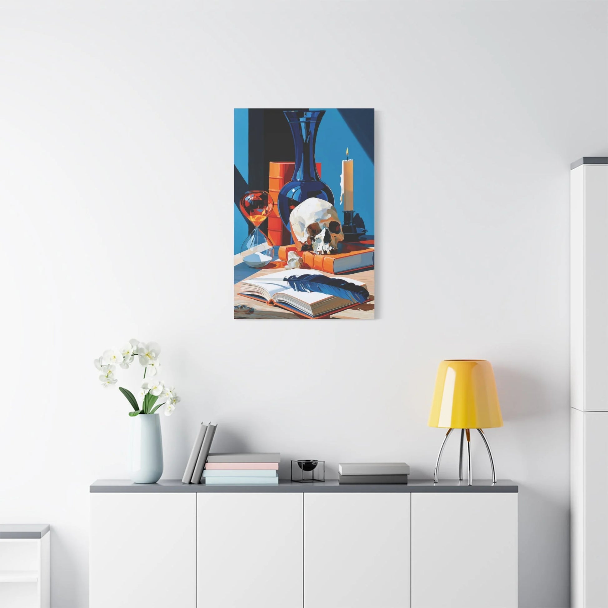 Tableau Nature Morte Vanitas Hollandaise Crâne Sablier - Leçon du Temps - ambiance loft haut de plafond