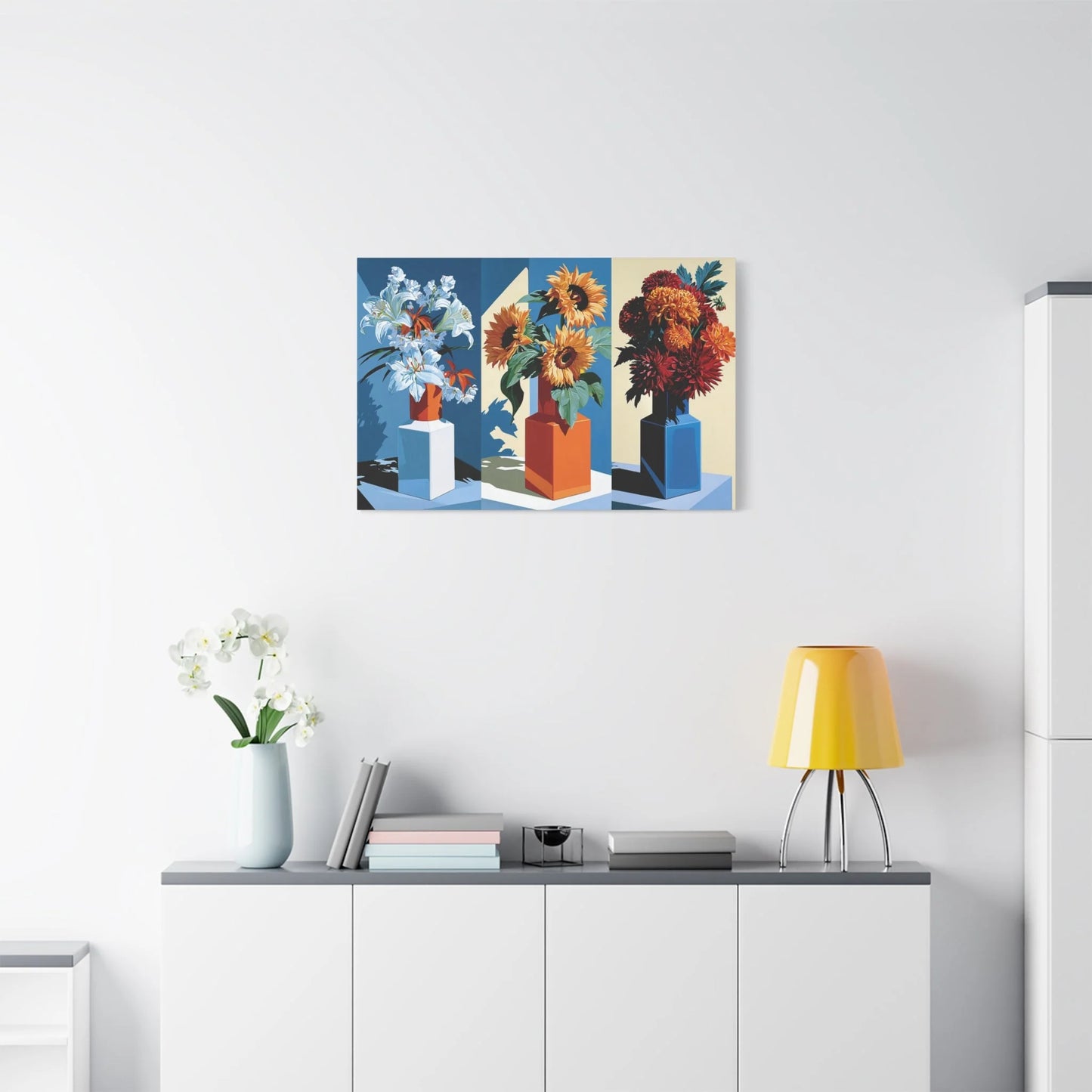 Tableau Nature Morte Triptyque Bouquet Saisons - Fleurs du Temps - ambiance loft haut de plafond