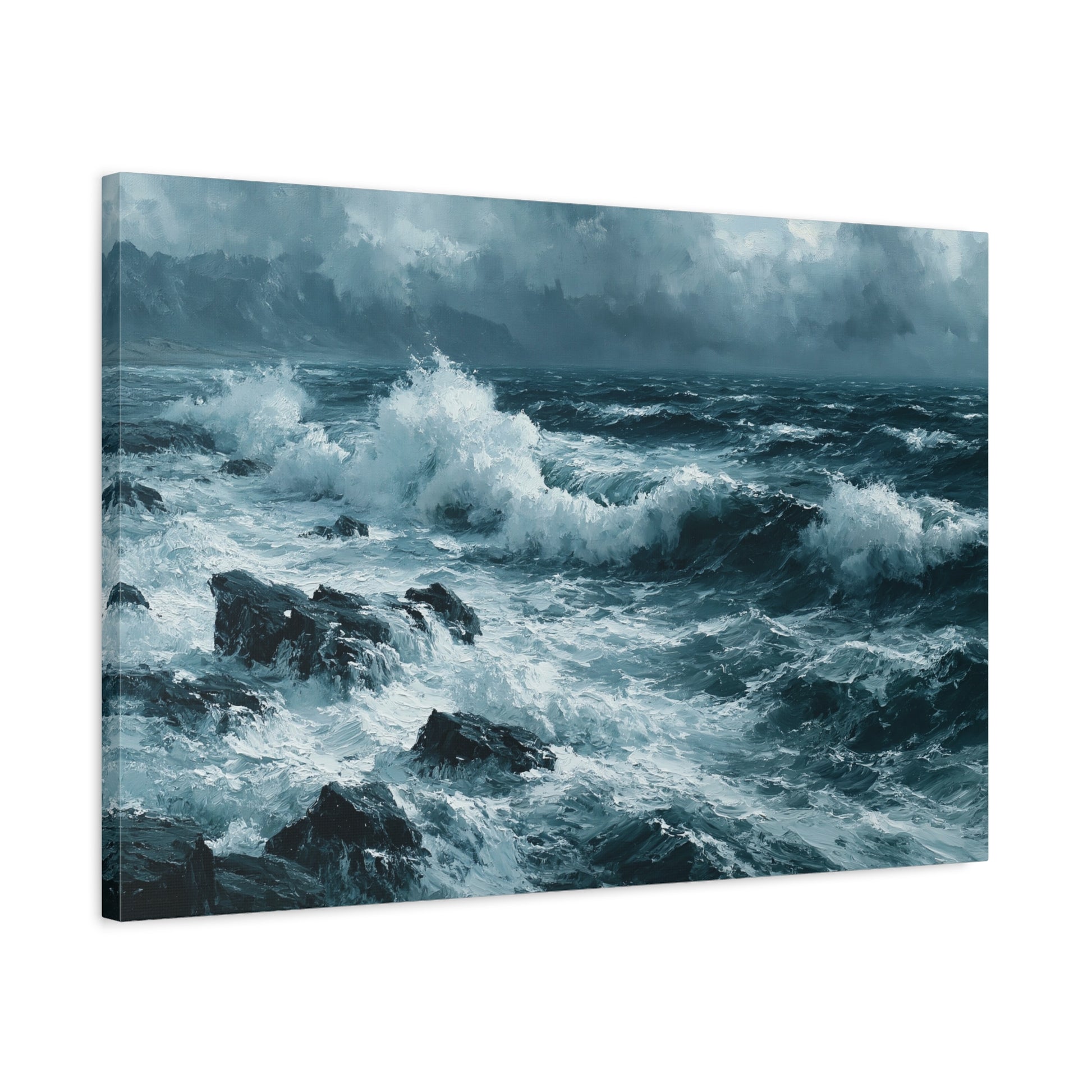 Mer noire et blanche agitee avec rochers sombres et ressac puissant - Art Virtuoso - vue 12/20